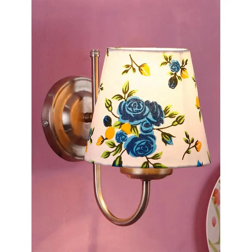 Single Blue Floral Cotton Conical Wall Mounted Lamp with Steel Base Single Piece