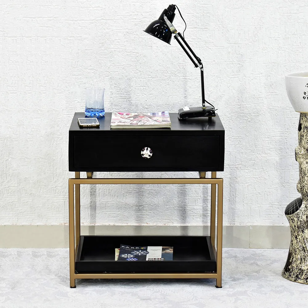 Single Broad Drawer With Tray Solid Wood Black Bedside Table With Golden Iron Frame Single Piece