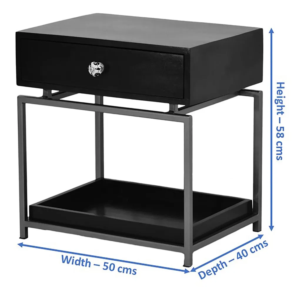 Single Broad Drawer With Tray Solid Wood Black Bedside Table With Golden Iron Frame Single Piece