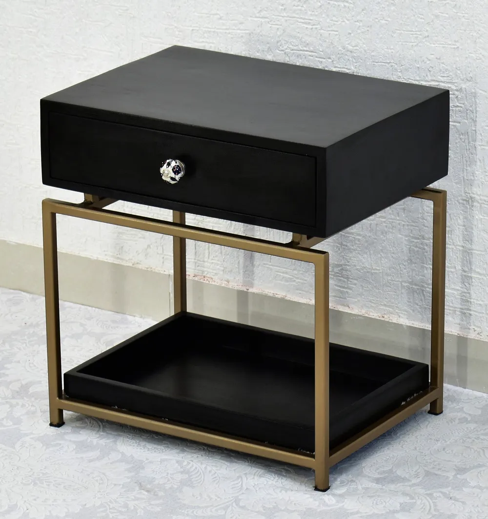 Single Broad Drawer With Tray Solid Wood Black Bedside Table With Golden Iron Frame Single Piece