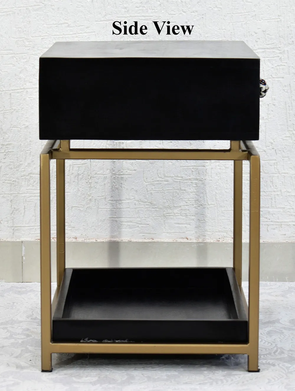 Single Broad Drawer With Tray Solid Wood Black Bedside Table With Golden Iron Frame Single Piece