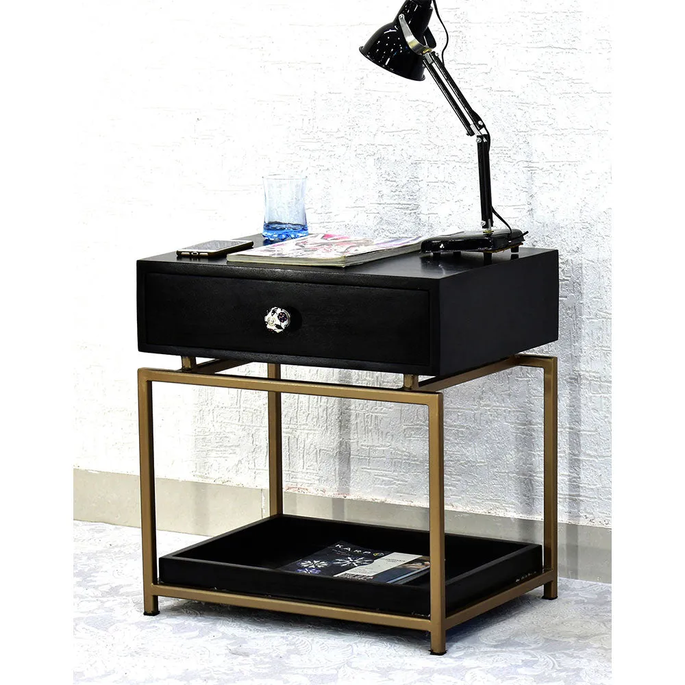 Single Broad Drawer With Tray Solid Wood Black Bedside Table With Golden Iron Frame Single Piece