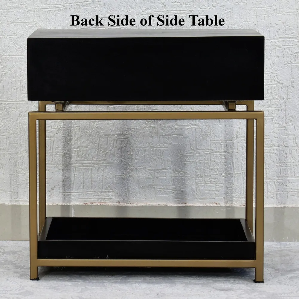Single Broad Drawer With Tray Solid Wood Black Bedside Table With Golden Iron Frame Single Piece