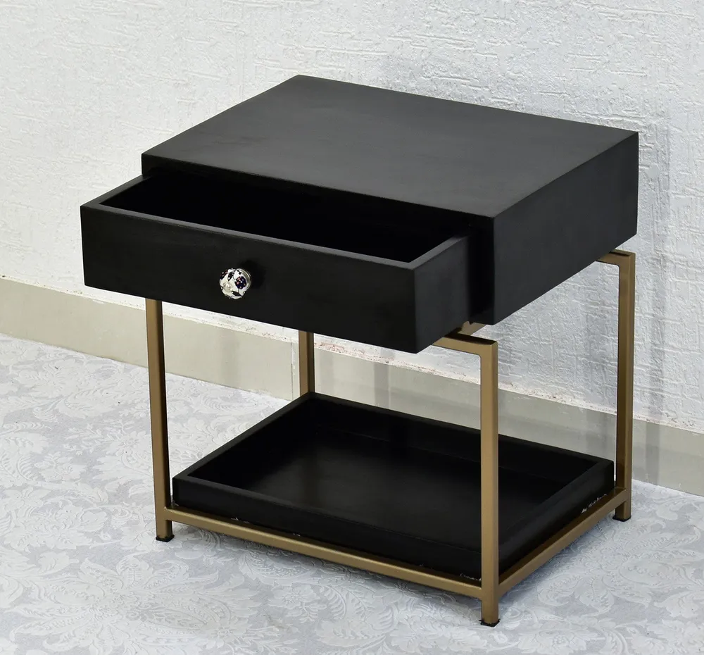 Single Broad Drawer With Tray Solid Wood Black Bedside Table With Golden Iron Frame Single Piece