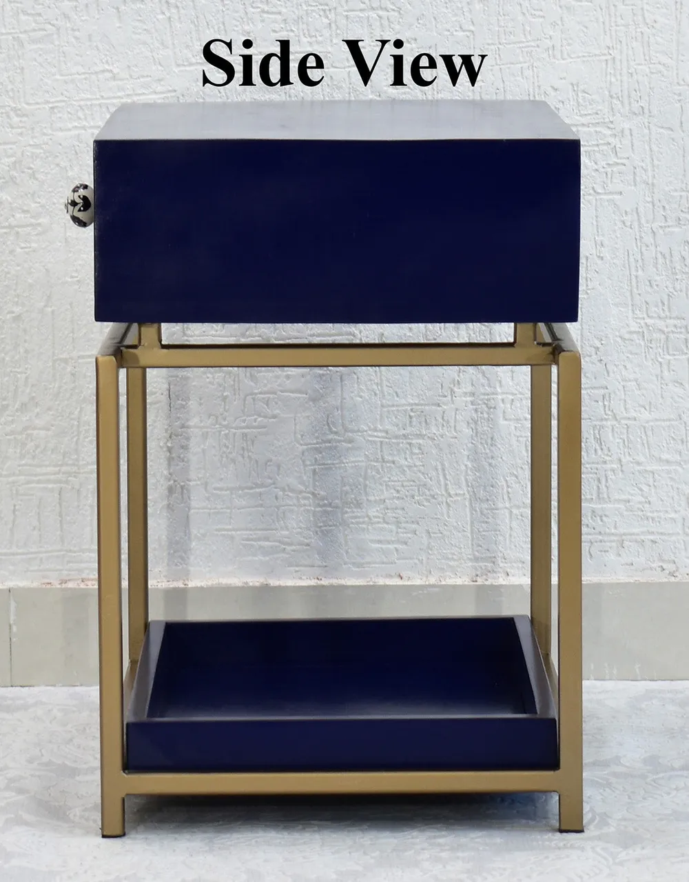 Single Broad Drawer With Tray Solid Wood Blue Bedside Table With Golden Iron Frame Single Piece