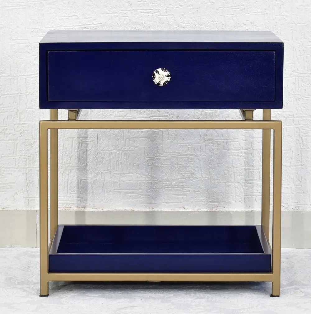 Single Broad Drawer With Tray Solid Wood Blue Bedside Table With Golden Iron Frame Single Piece