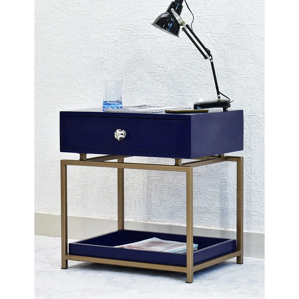 Single Broad Drawer With Tray Solid Wood Blue Bedside Table With Golden Iron Frame Single Piece