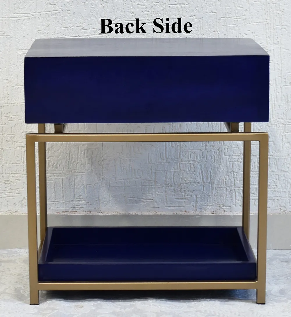 Single Broad Drawer With Tray Solid Wood Blue Bedside Table With Golden Iron Frame Single Piece