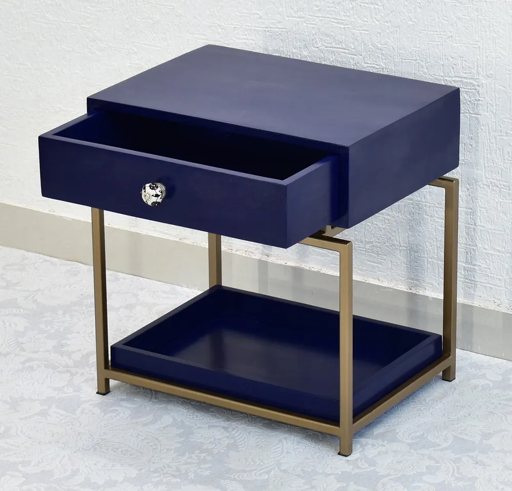 Single Broad Drawer With Tray Solid Wood Blue Bedside Table With Golden Iron Frame Single Piece