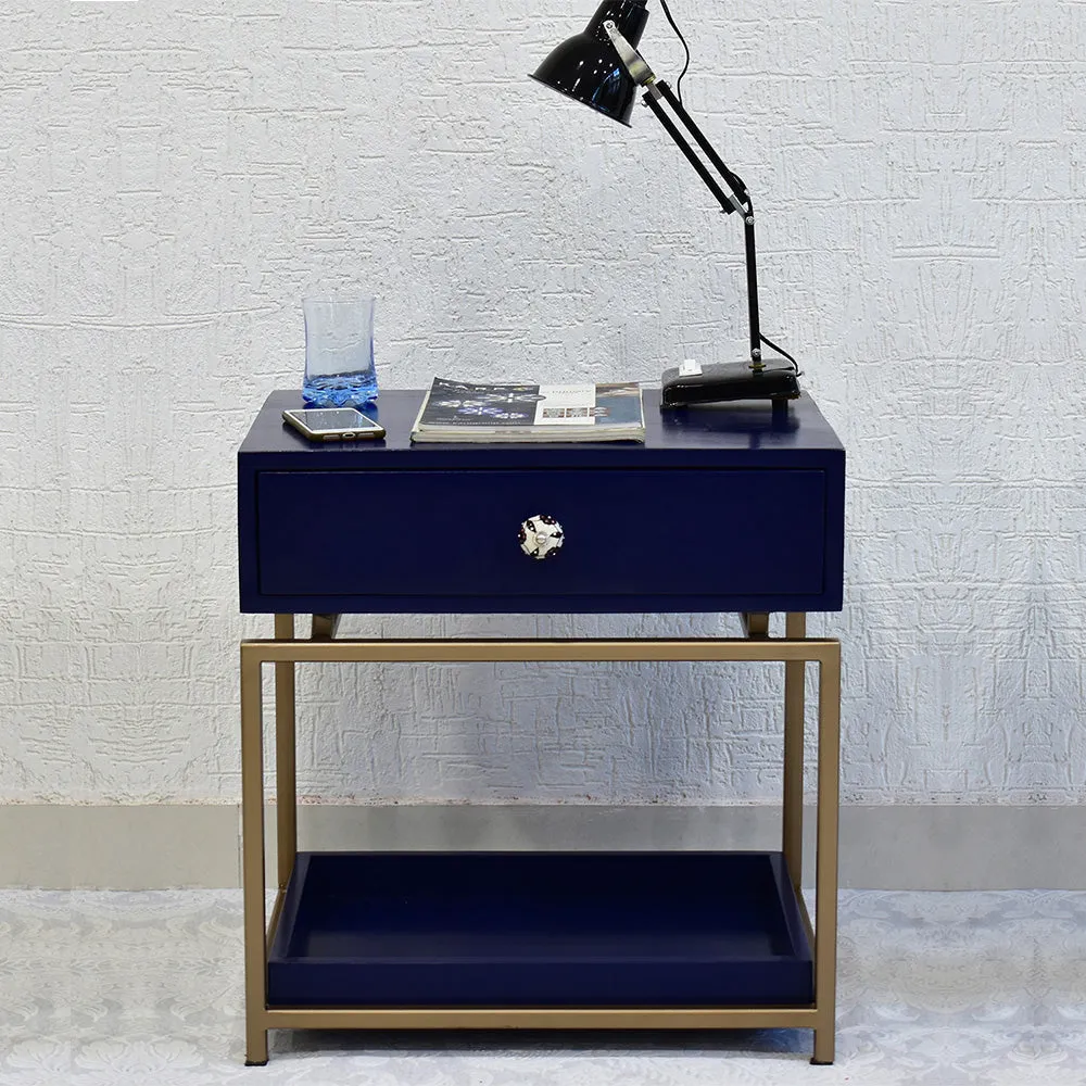 Single Broad Drawer With Tray Solid Wood Blue Bedside Table With Golden Iron Frame Single Piece