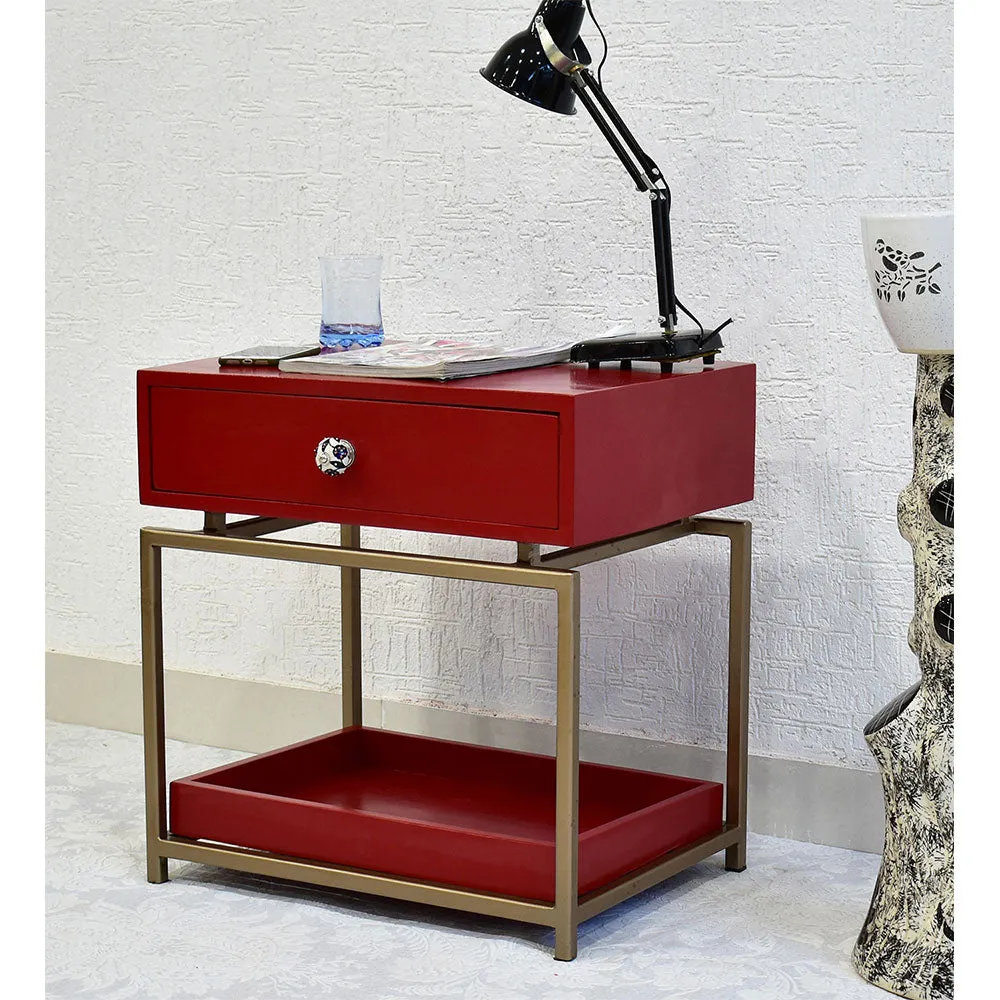 Single Broad Drawer With Tray Solid Wood Red Bedside Table With Golden Iron Frame Single Piece