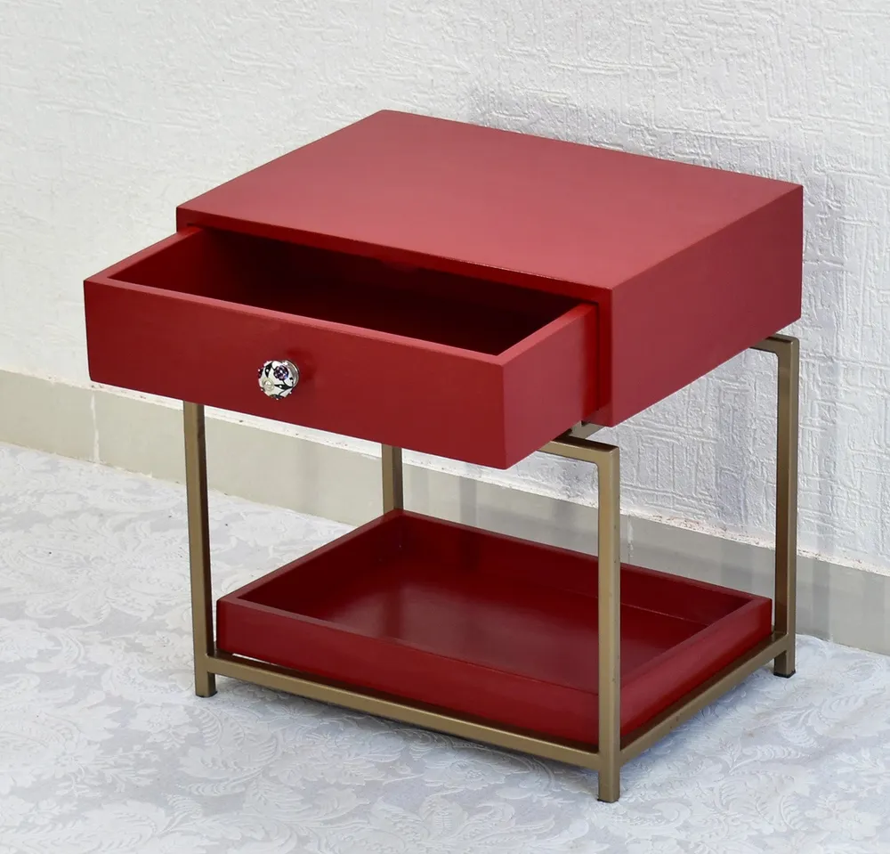 Single Broad Drawer With Tray Solid Wood Red Bedside Table With Golden Iron Frame Single Piece