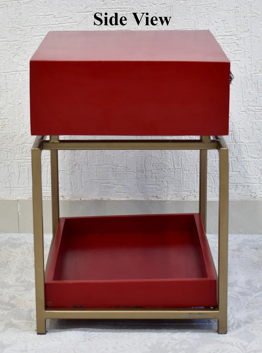 Single Broad Drawer With Tray Solid Wood Red Bedside Table With Golden Iron Frame Single Piece
