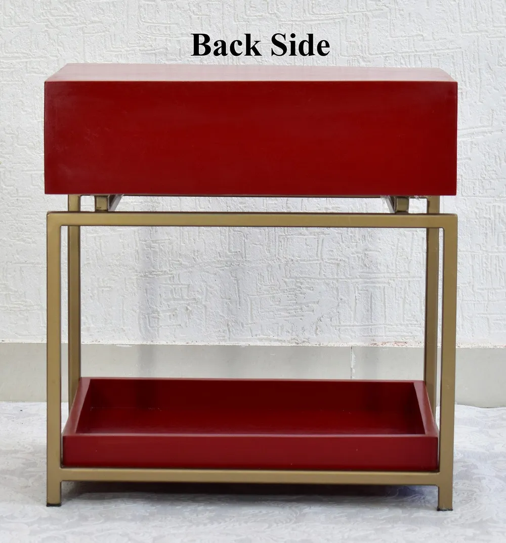 Single Broad Drawer With Tray Solid Wood Red Bedside Table With Golden Iron Frame Single Piece