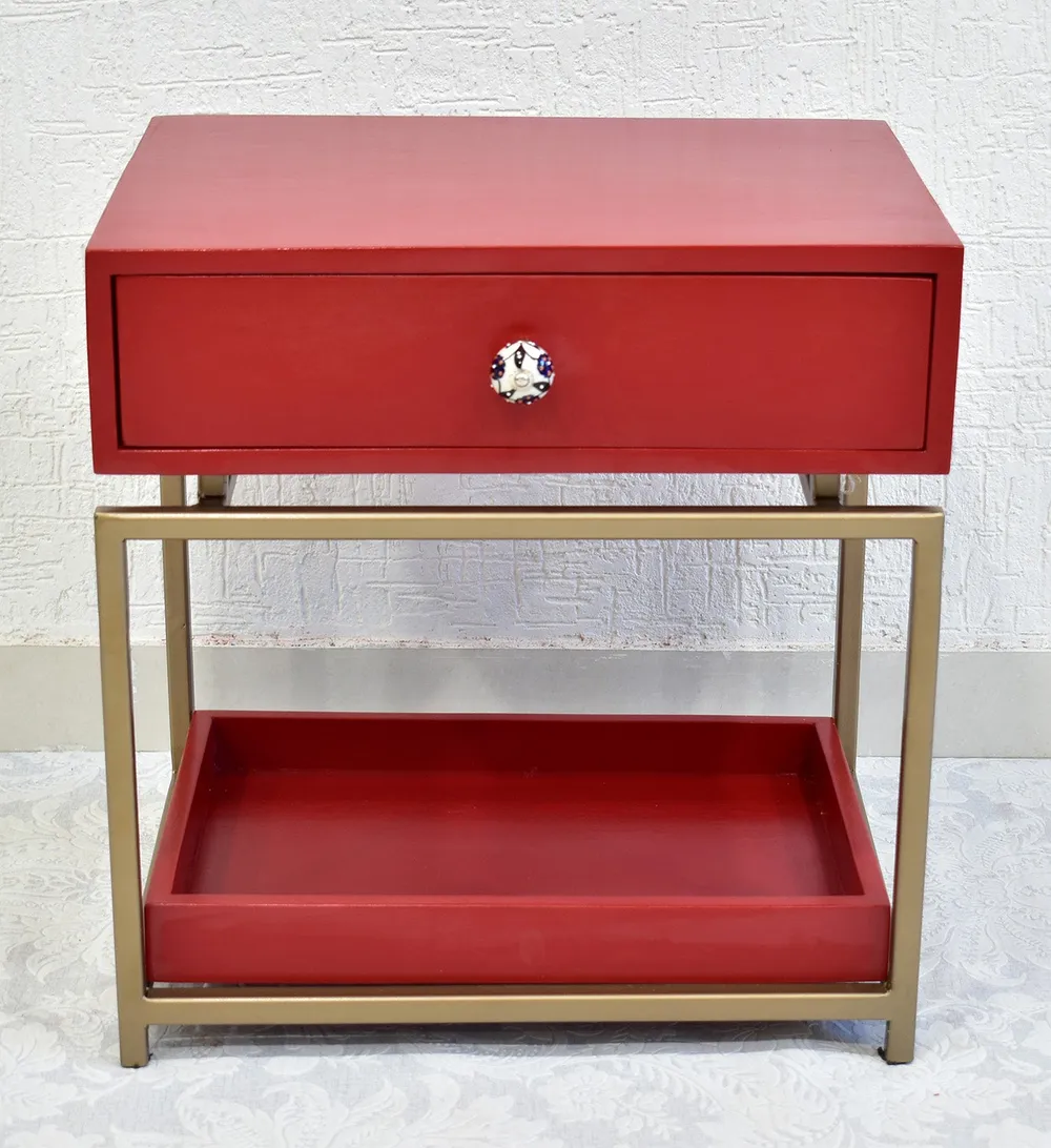 Single Broad Drawer With Tray Solid Wood Red Bedside Table With Golden Iron Frame Single Piece