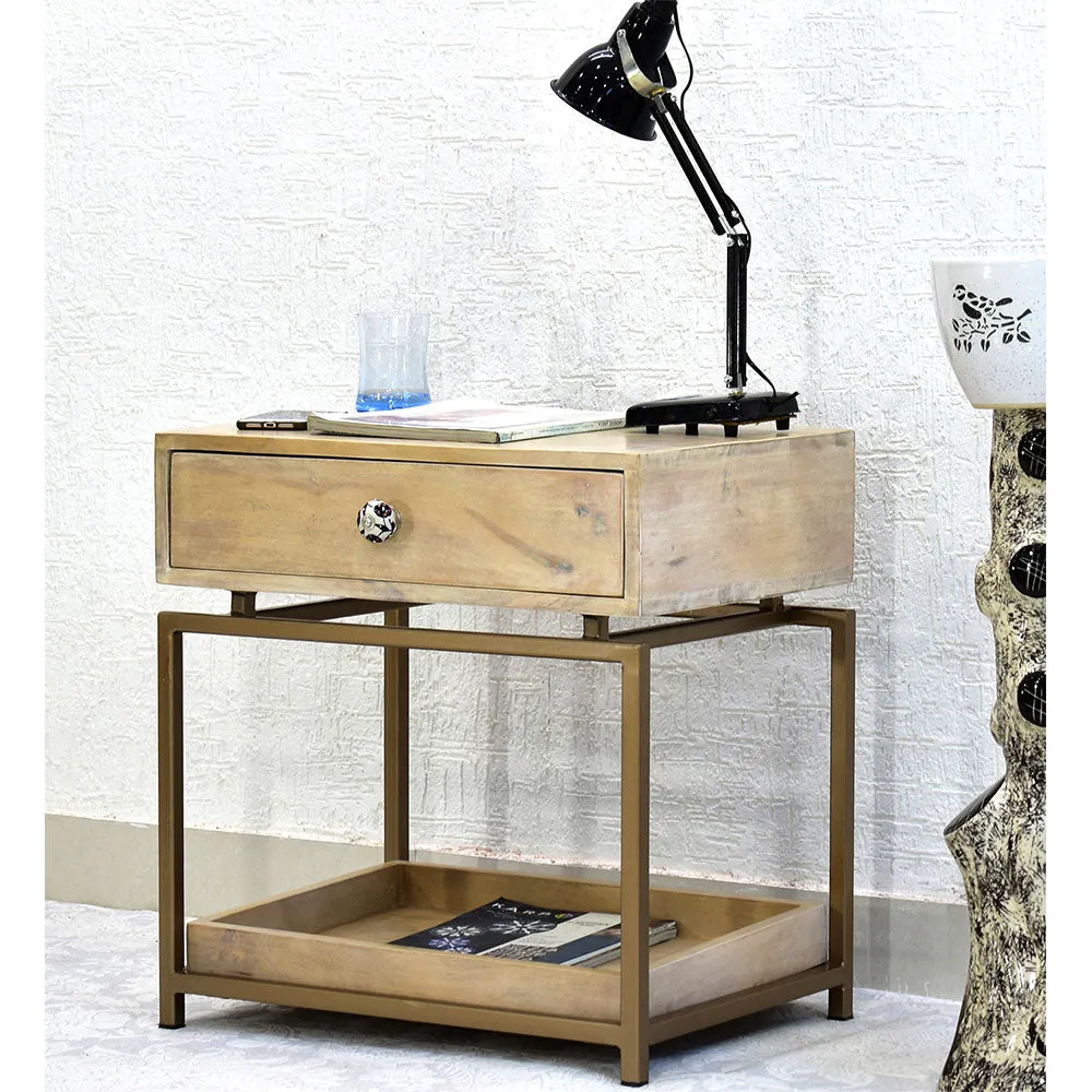 Single Broad Drawer With Tray Solid Wood White Bedside Table With Golden Iron Frame Single Piece