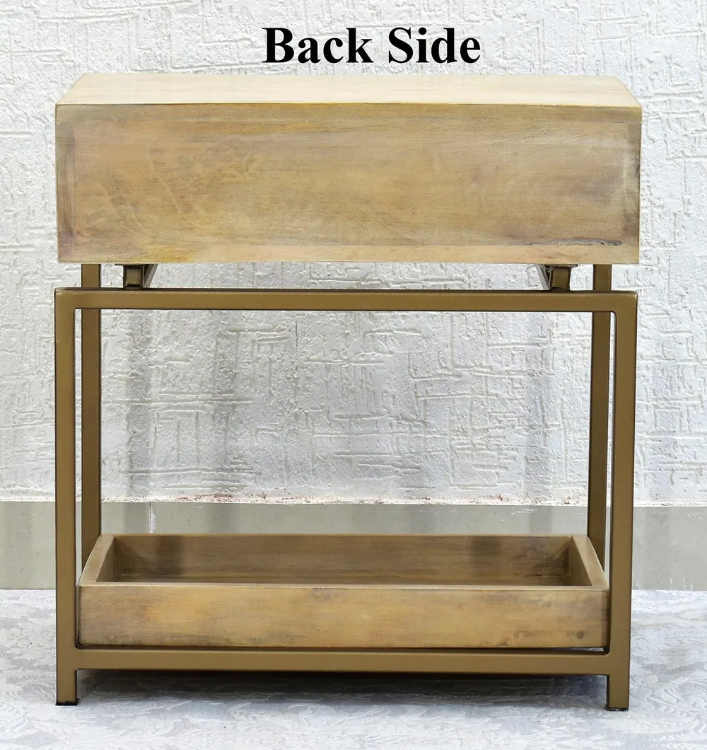 Single Broad Drawer With Tray Solid Wood White Bedside Table With Golden Iron Frame Single Piece