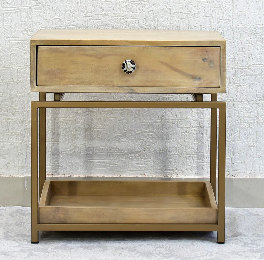 Single Broad Drawer With Tray Solid Wood White Bedside Table With Golden Iron Frame Single Piece