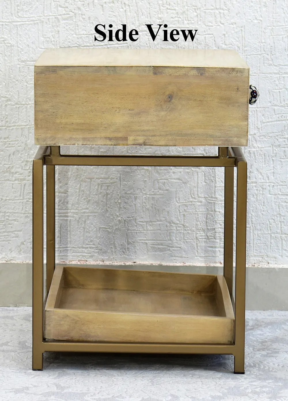 Single Broad Drawer With Tray Solid Wood White Bedside Table With Golden Iron Frame Single Piece