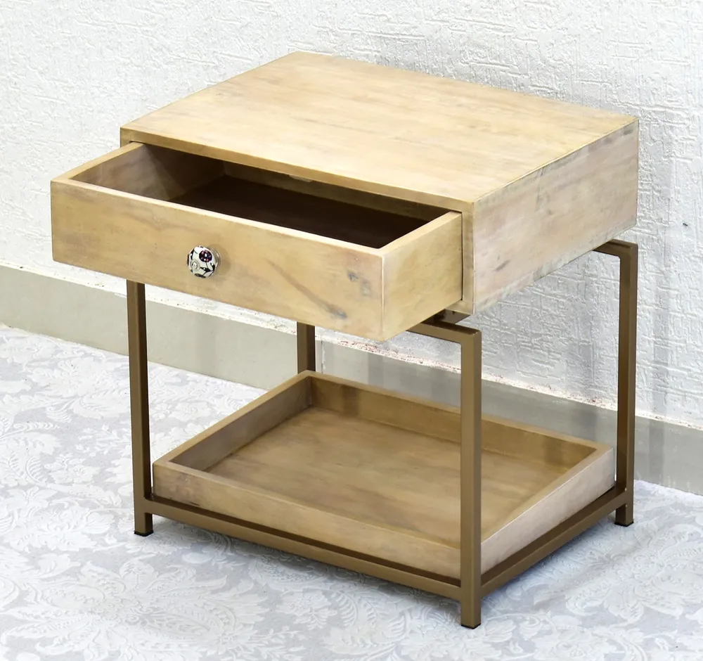 Single Broad Drawer With Tray Solid Wood White Bedside Table With Golden Iron Frame Single Piece