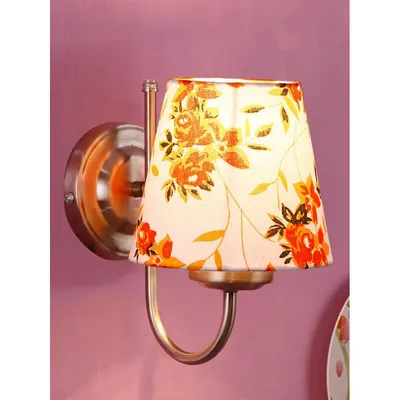 Single Orange Floral Cotton Conical Wall Mounted Lamp with Steel Base