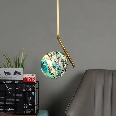 Single Premium Golden Metal Pipe Hanging Light With 3D Glass Globe
