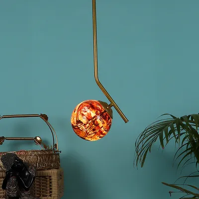 Single Premium Golden Metal Pipe Hanging Light With 3D Glass Globe