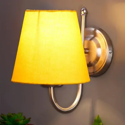 Single Yellow Cotton Conical Wall Mounted Lamp with Steel Base