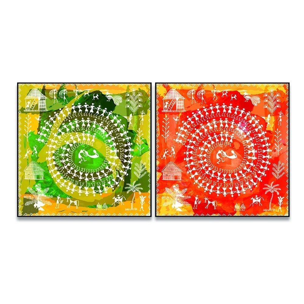 Sinuous Trailed Fluorescent Warli Art Wall Frames-Set Of 2