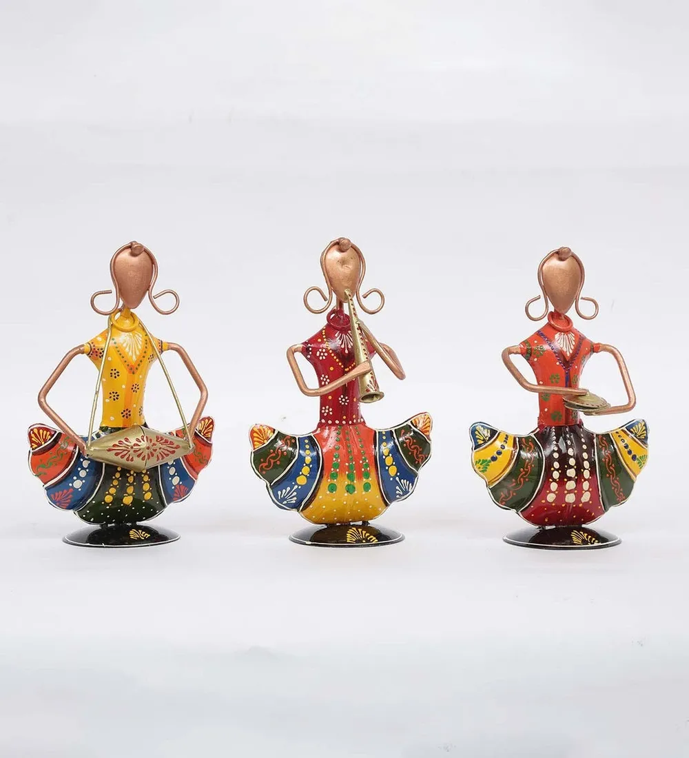 Sitting Colorful Traditional Dolls Metal Figurines / Showpiece Set Of 3
