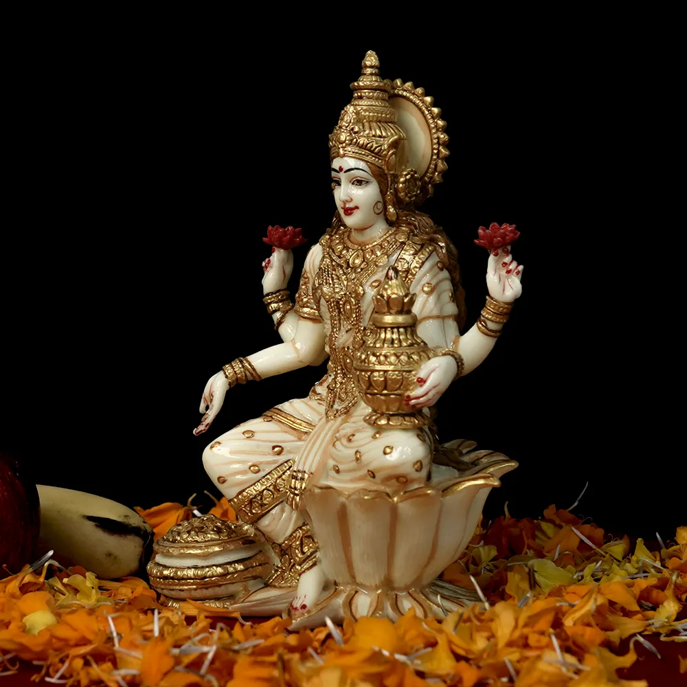 Skillfully Handcrafted Highly Detailed Divine Seated Goddess Laxmi Idol In Polyresin