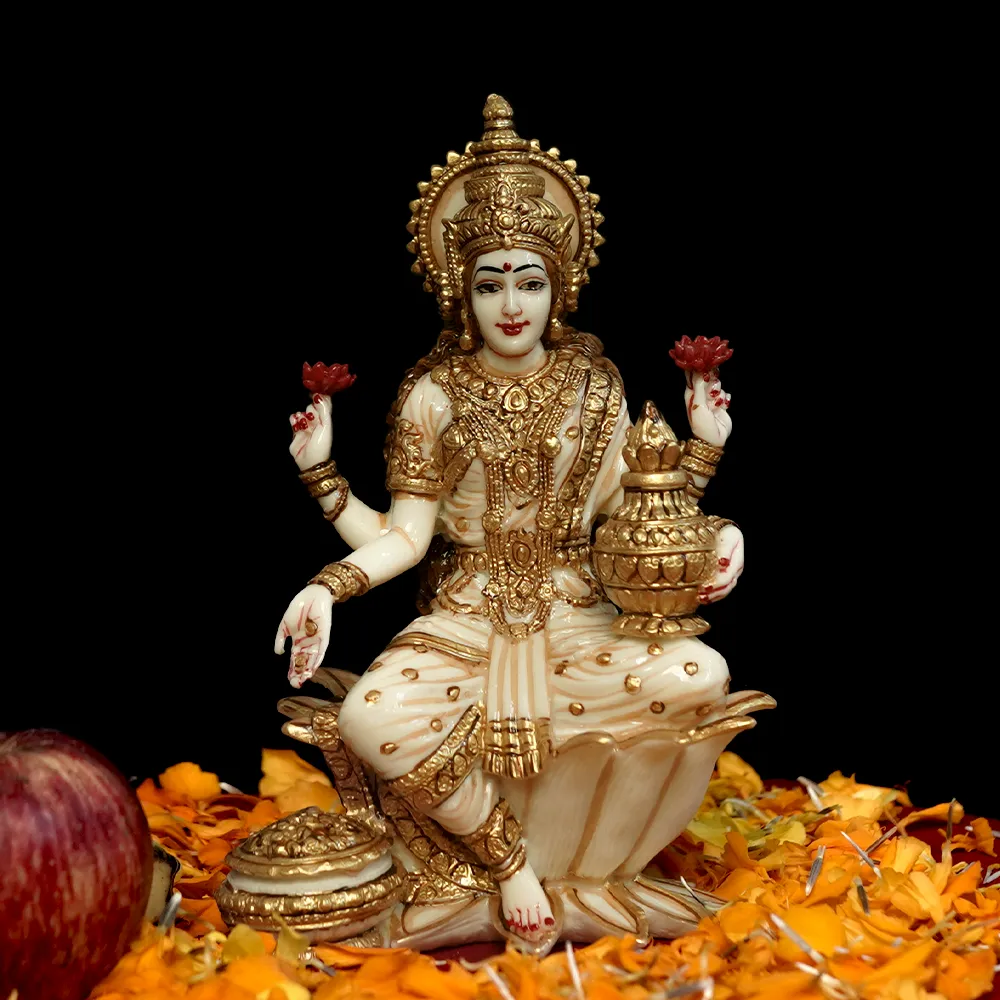 Skillfully Handcrafted Highly Detailed Divine Seated Goddess Laxmi Idol In Polyresin