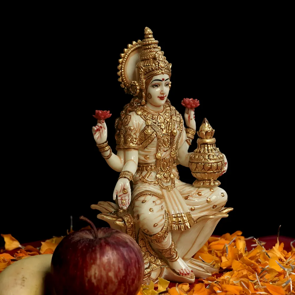 Skillfully Handcrafted Highly Detailed Divine Seated Goddess Laxmi Idol In Polyresin
