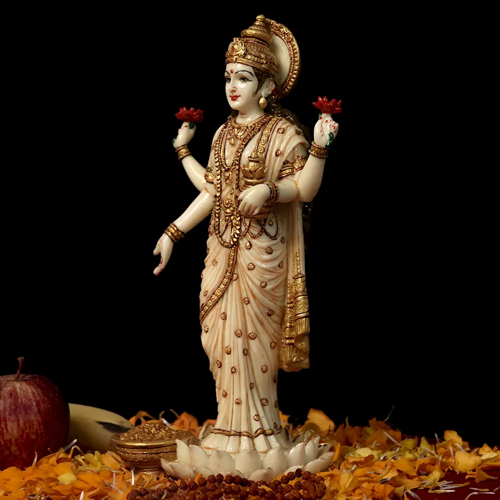 Skillfully Handcrafted Highly Detailed Divine Standing Goddess Laxmi Idol In Polyresin