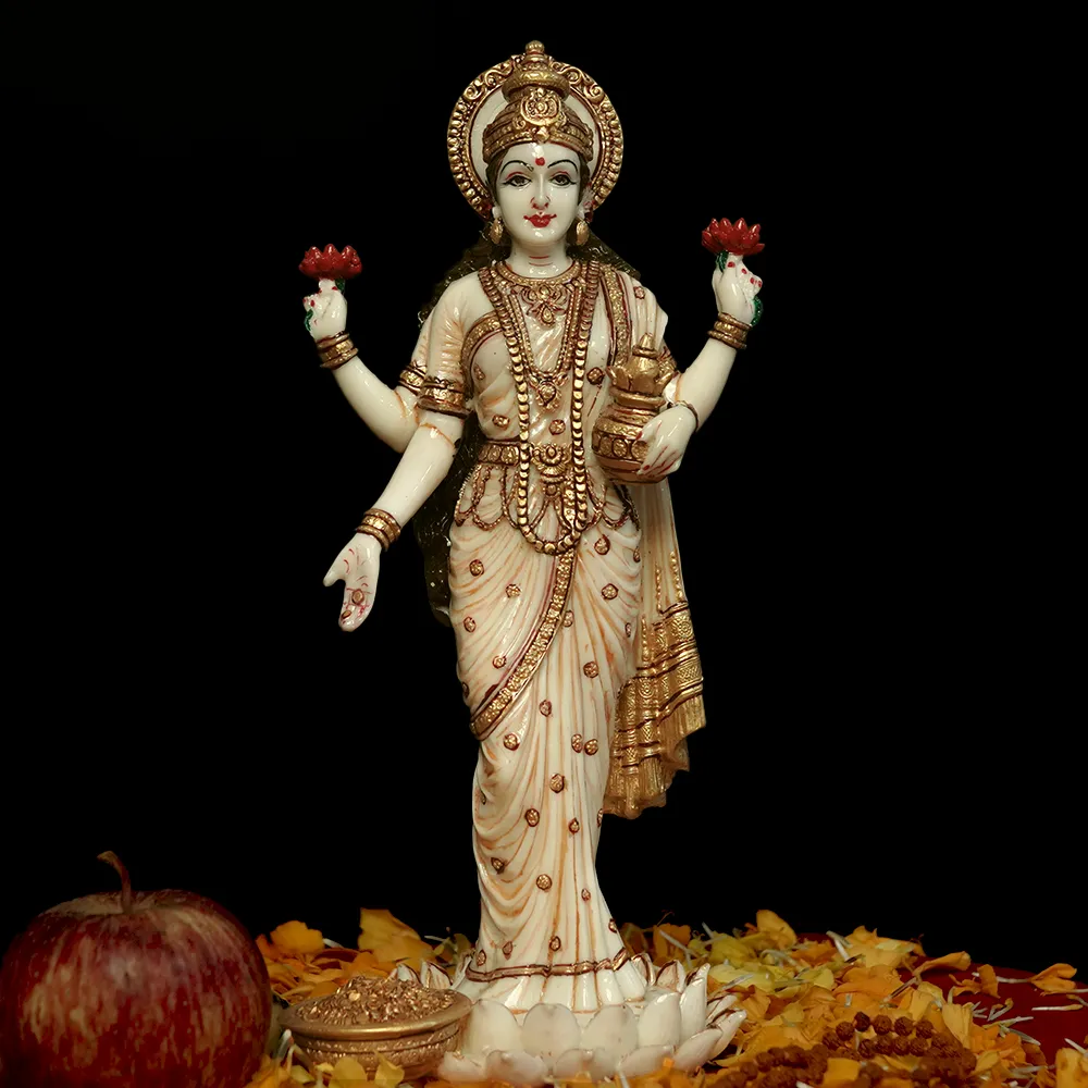 Skillfully Handcrafted Highly Detailed Divine Standing Goddess Laxmi Idol In Polyresin