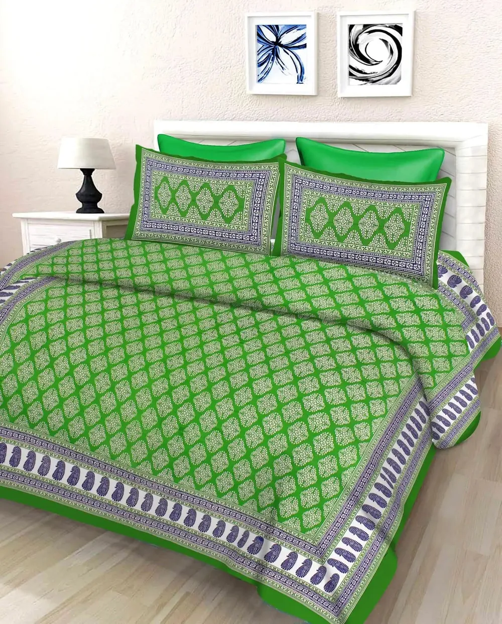 Skin-Friendly Green 144 TC Cotton Double Bedsheet with Pillow Covers