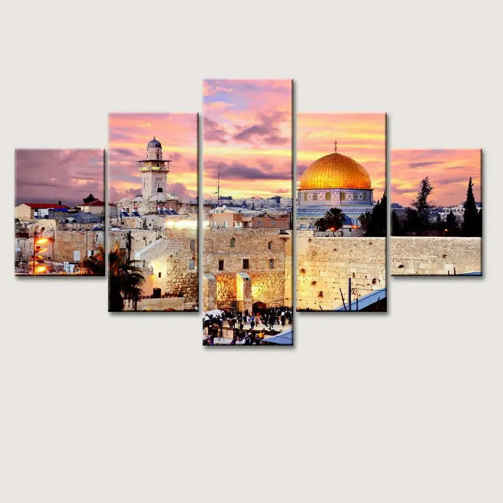 Skyline Of The Old City At He Western 5 Pieces Canvas Print Wall Painting