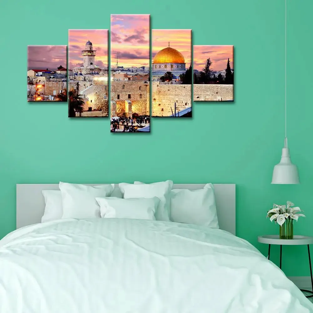 Skyline Of The Old City At He Western 5 Pieces Canvas Print Wall Painting