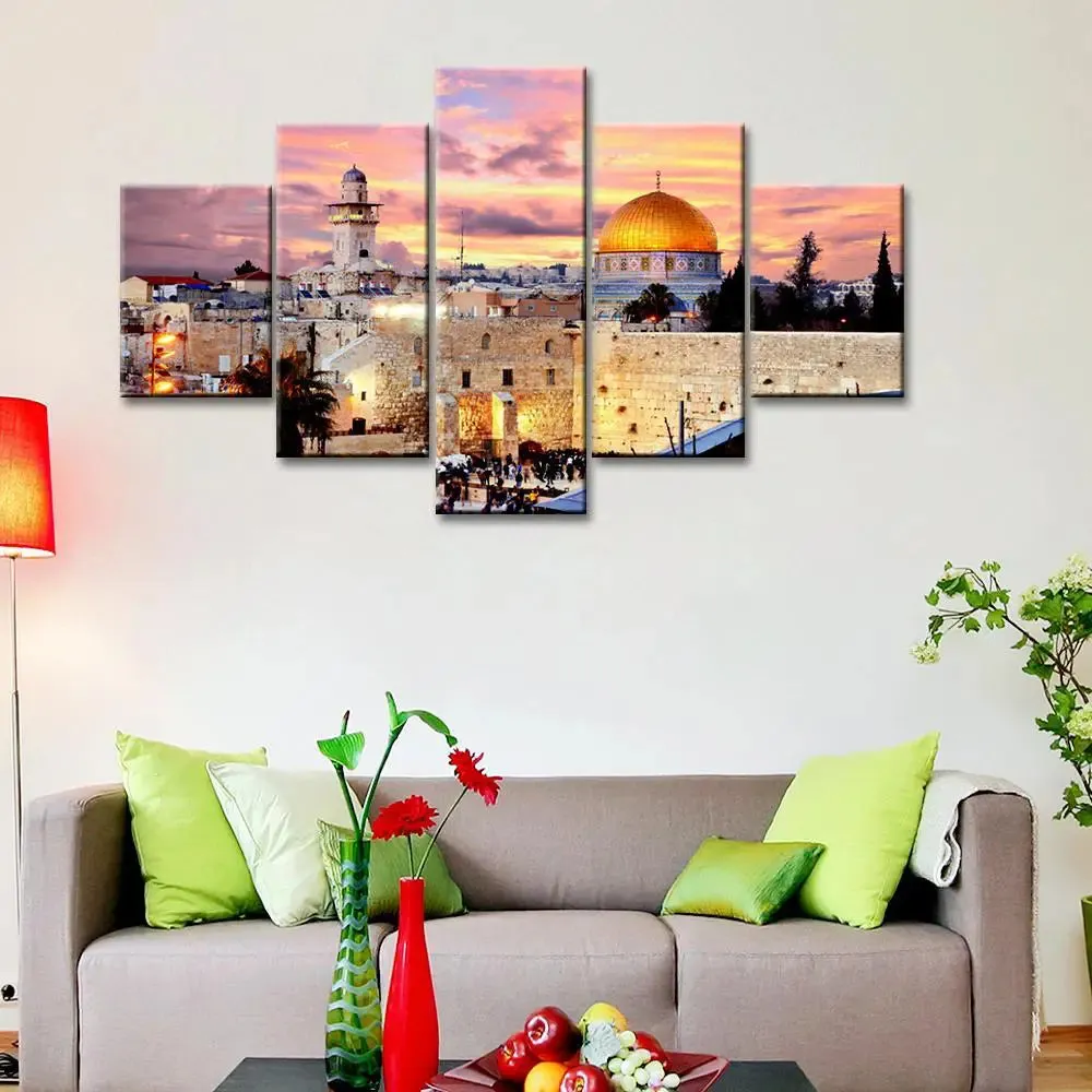 Skyline Of The Old City At He Western 5 Pieces Canvas Print Wall Painting