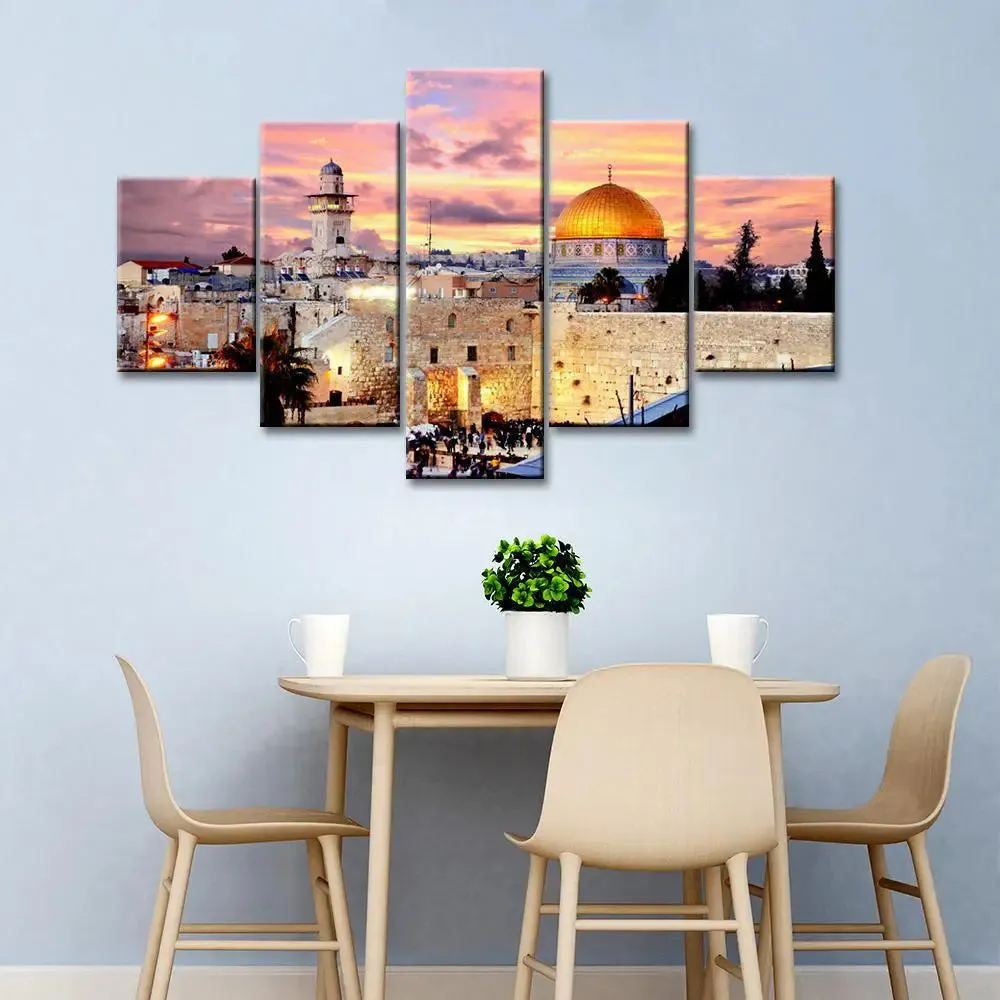 Skyline Of The Old City At He Western 5 Pieces Canvas Print Wall Painting