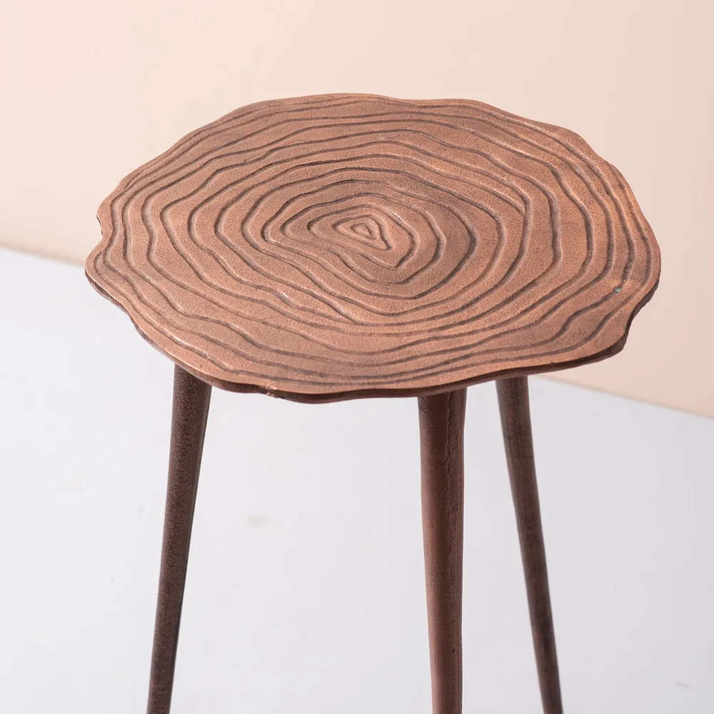 Sleek Floral Lustrous Copper Colored Aluminum Side Table