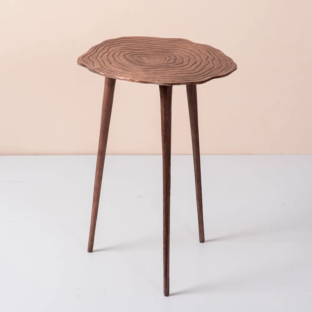 Sleek Floral Lustrous Copper Colored Aluminum Side Table