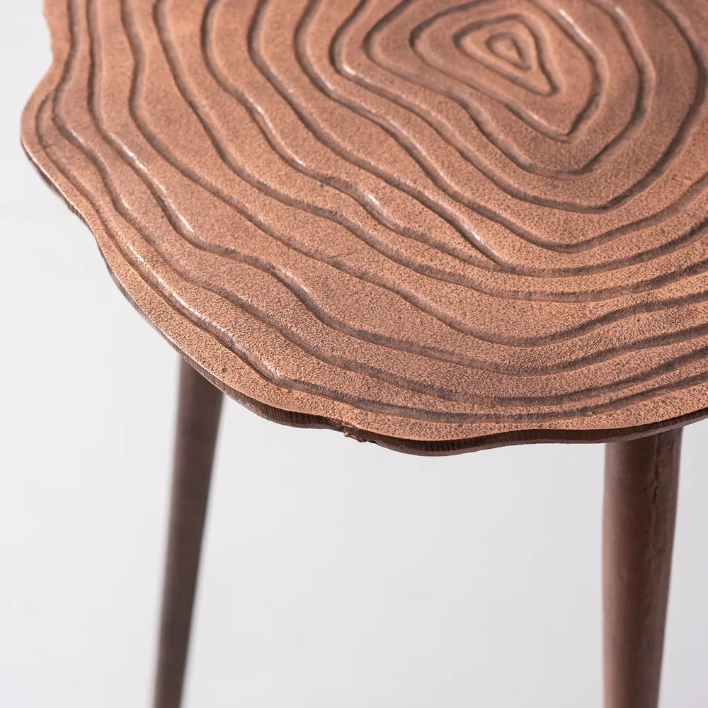 Sleek Floral Lustrous Copper Colored Aluminum Side Table