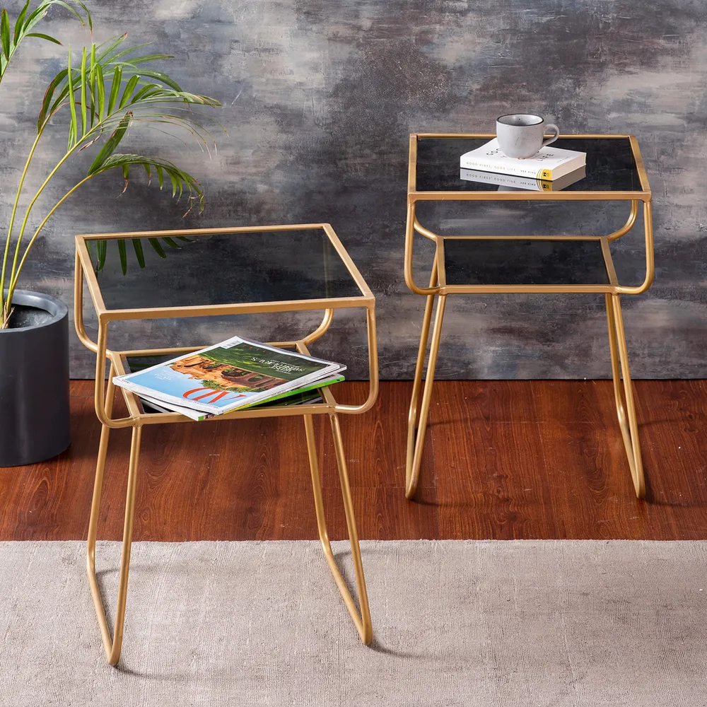 Sleek Iron and Glass Lusturous Gold Side Table