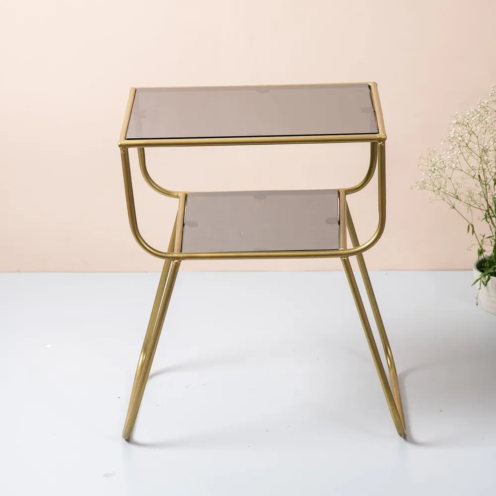 Sleek Iron and Glass Lusturous Gold Side Table