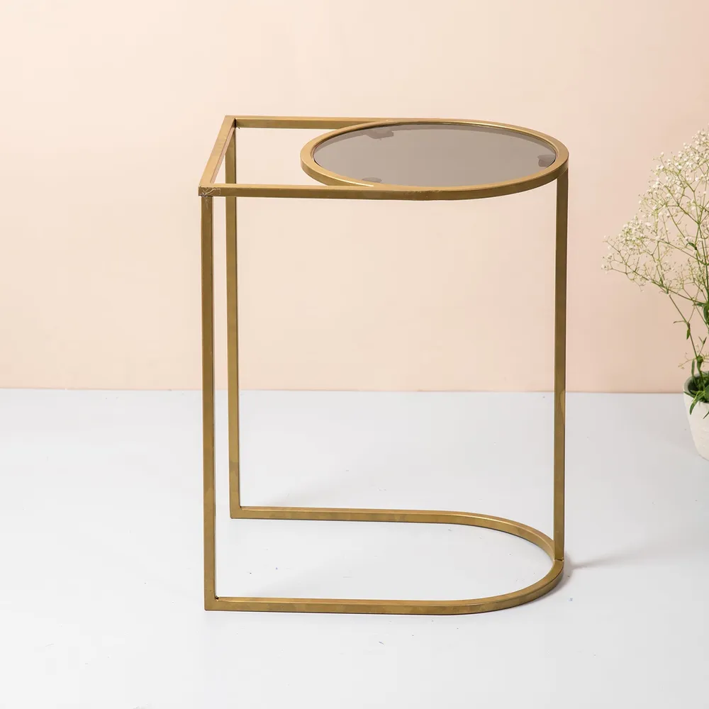 Sleek Iron & Glass Golden Lustrous U shaped Side Table