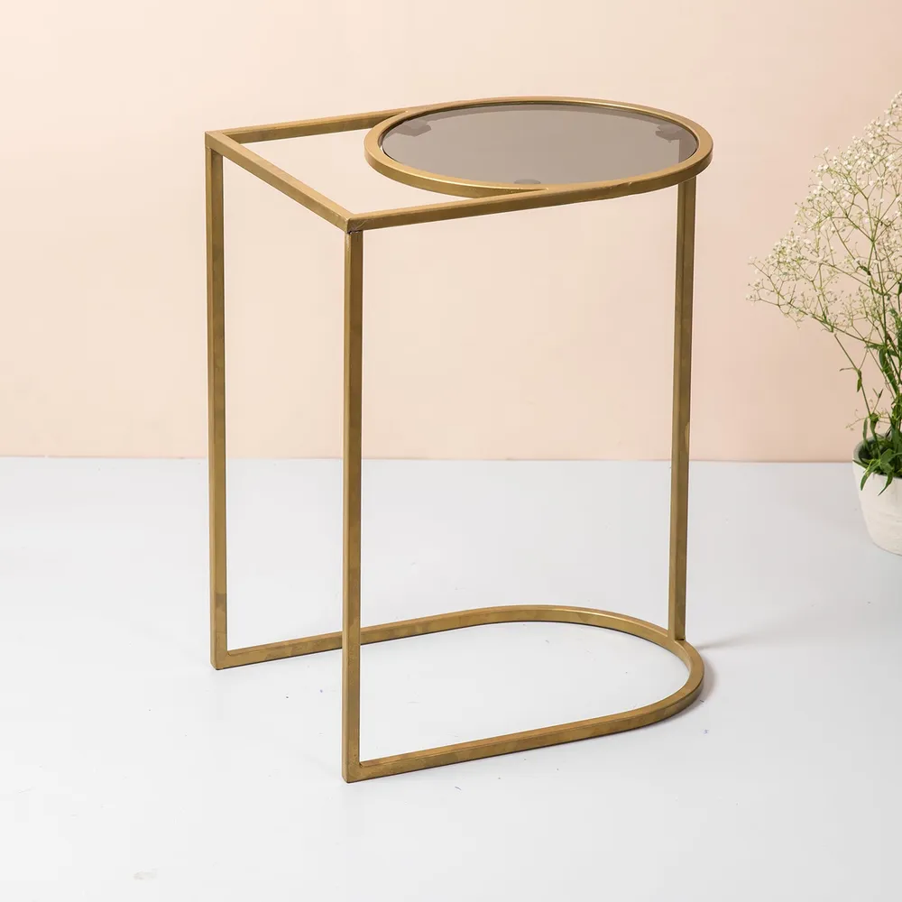 Sleek Iron & Glass Golden Lustrous U shaped Side Table