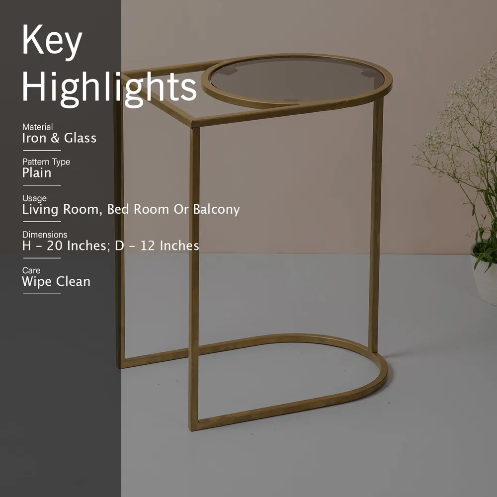 Sleek Iron & Glass Golden Lustrous U shaped Side Table
