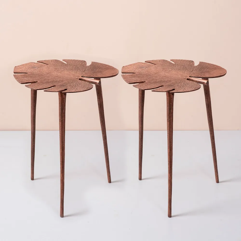 Sleek Leafy Lustrous Copper Colored Aluminum Side Table