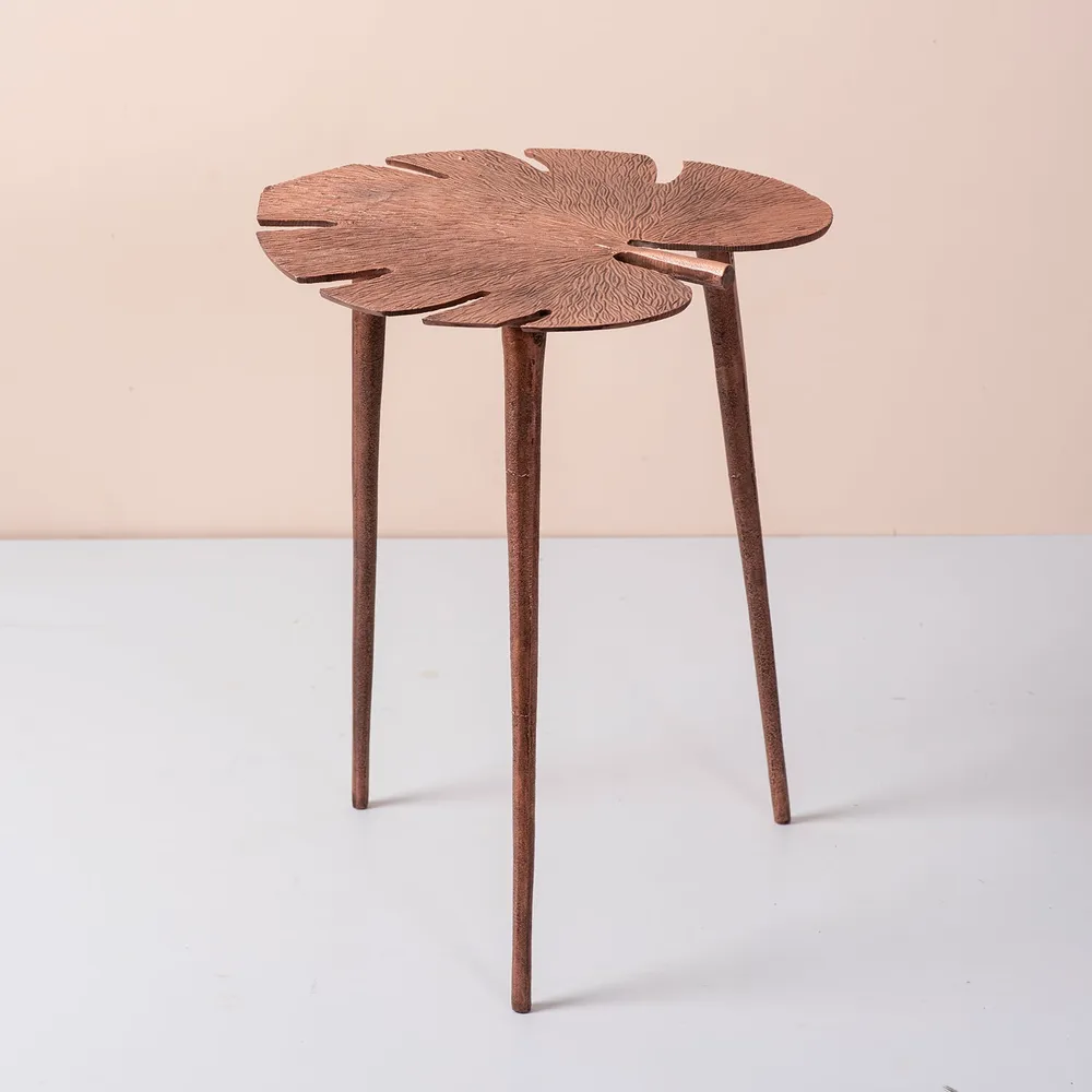 Sleek Leafy Lustrous Copper Colored Aluminum Side Table